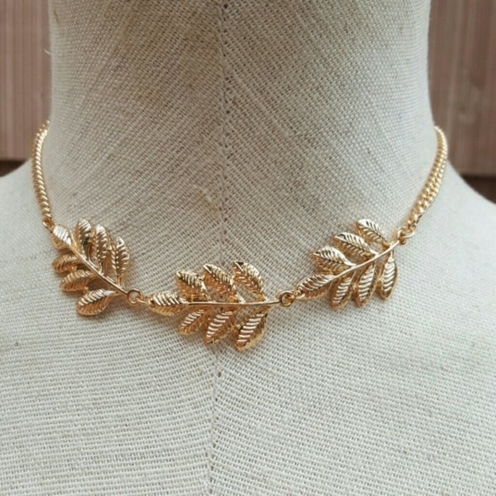 Gold Tone Leaf Boho Greek Goddess Choker Necklace